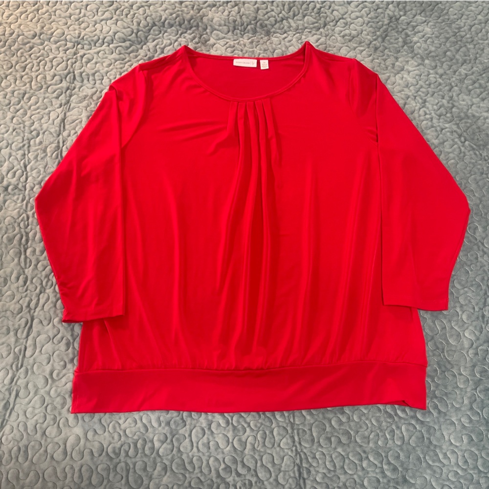 Susan Graver 2X Women’s Red Blouse Long Sleeve Pleated Top Wide Band Soft Knit